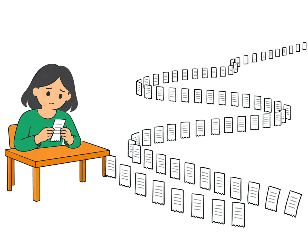 机の前の会社員がレシートを1枚だけ手に取って眺めている。その前に、立ったレシートが長い行列を作って順番を待っている絵